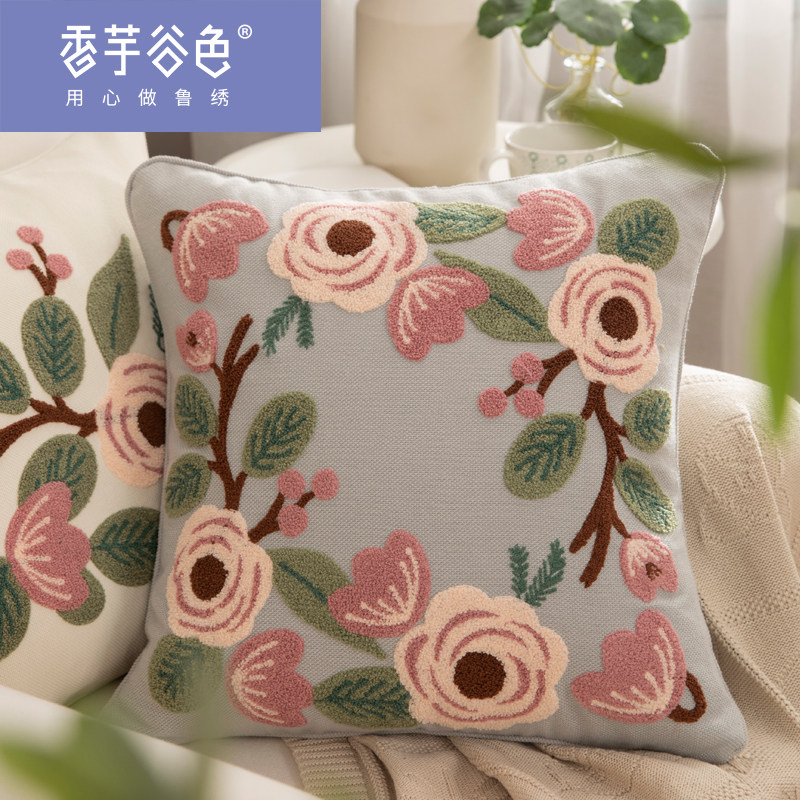 毛绒手工刺绣抱枕套香芋谷色美式乡村沙发靠背垫绣花田园布艺靠枕,居家布艺,靠垫/抱枕,淘宝优惠券,粉丝福利购,淘宝优惠卷