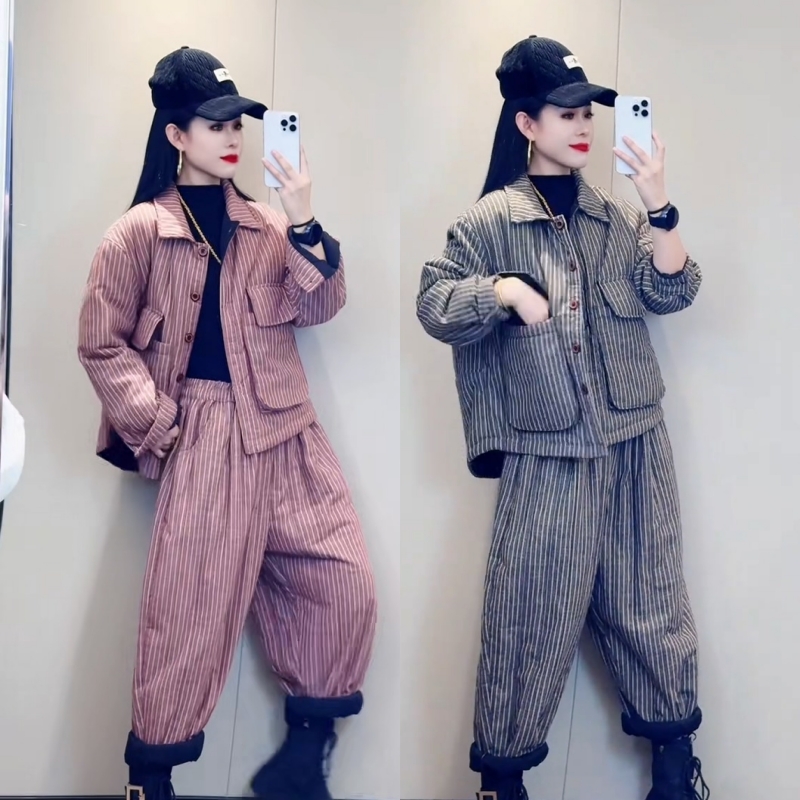2025冬季新款时尚套装加棉加厚减龄条纹宽松休闲上衣哈伦裤两件套