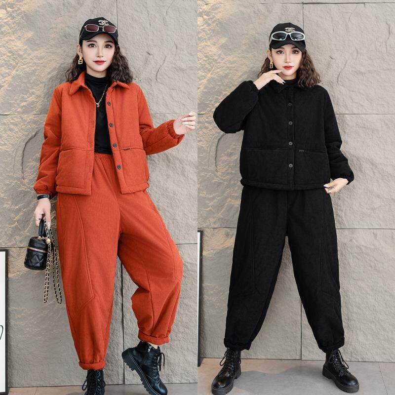 冬季新款复古纯色宽松显瘦高腰松紧阔腿裤加厚休闲棉服套装两件套