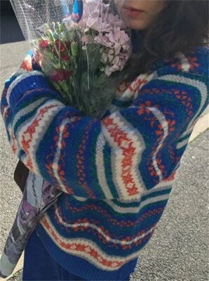 YA家正确版韩国sienne复古提花蓝色宽松圆领羊毛提花织物针织衫