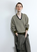 YA家正确版MOONDAL条纹毛衣新款针织上衣韩国设计感V领羊毛羊绒衫