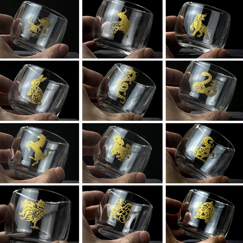 镀金十二生肖高档加厚水晶玻璃白酒杯二两酒杯礼盒套装创意中古杯