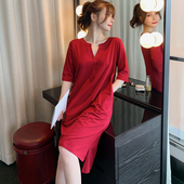 短袖 芬腾可安莫代尔棉睡衣女夏季 带胸垫妈妈家居服宽松中长款 睡裙