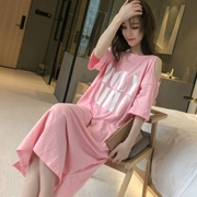 Bộ đồ ngủ nữ mùa hè mỏng tay ngắn bằng vải cotton gợi cảm dễ thương đơn giản quây phiên bản Hàn Quốc của phần dài có thể mặc bên ngoài dịch vụ gia đình - Đêm đầm