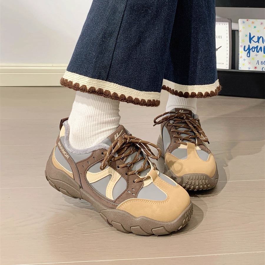 回力加绒二棉鞋女复古拼色德训鞋女厚底系带休闲运动鞋百搭老爹鞋