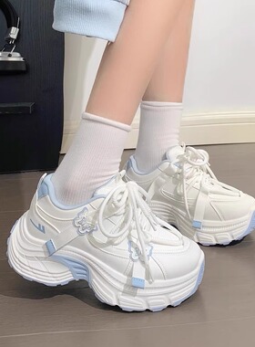 回力女鞋浅蓝蝴蝶皮面老爹鞋女2026新款秋季爆款透气厚底运动鞋女