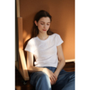 纯白色仿亚麻质感微透薄款微宽松正肩圆领短袖T恤女夏款百搭上衣