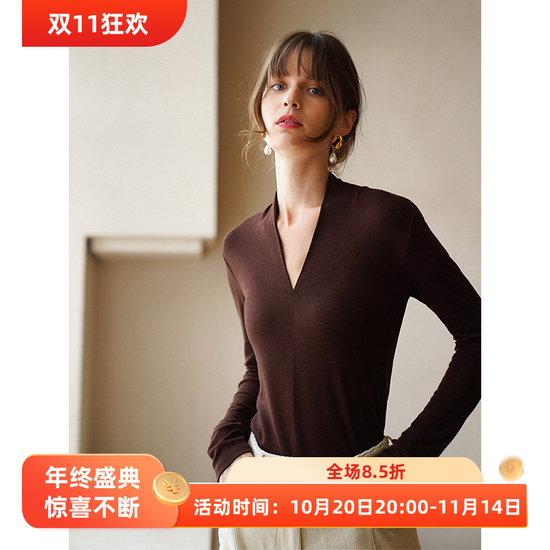 法式v领针织打底衫t恤锁骨上衣