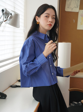 法式复古简约风蓝色条纹宽松短款长袖衬衫女秋新款设计感小众衬衣