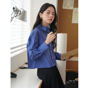 法式复古简约风蓝色条纹宽松短款长袖衬衫女秋新款设计感小众衬衣