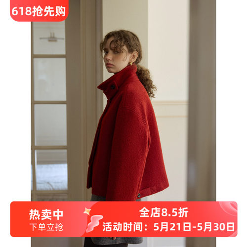 复古红色毛圈圈羊毛短款宽松毛呢外套女秋冬款呢子大衣外套小个子