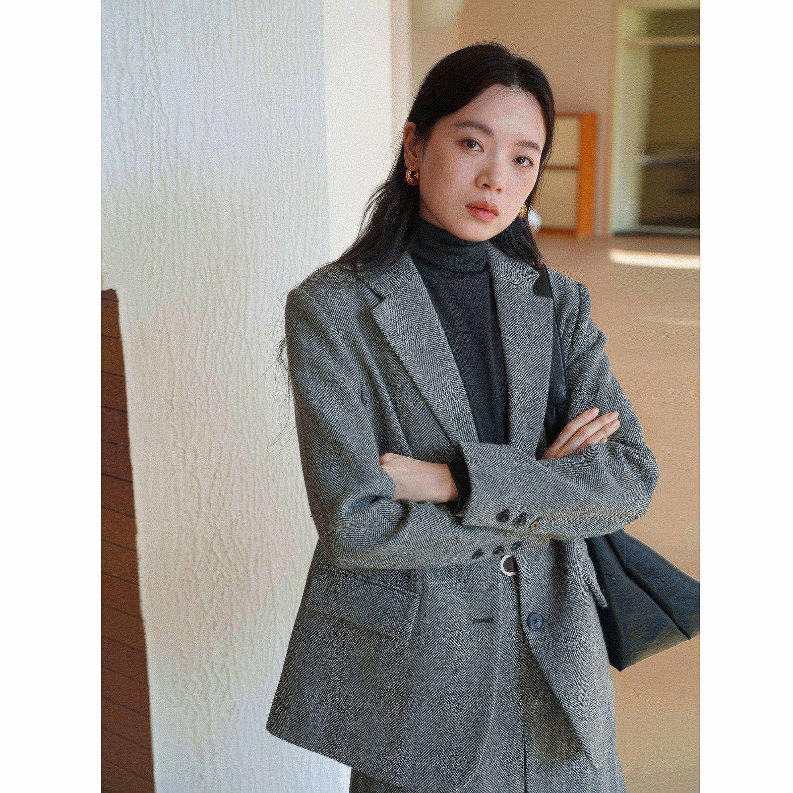 复古风全羊毛人字纹休闲宽松西装毛呢外套女呢子秋冬新款通勤韩版