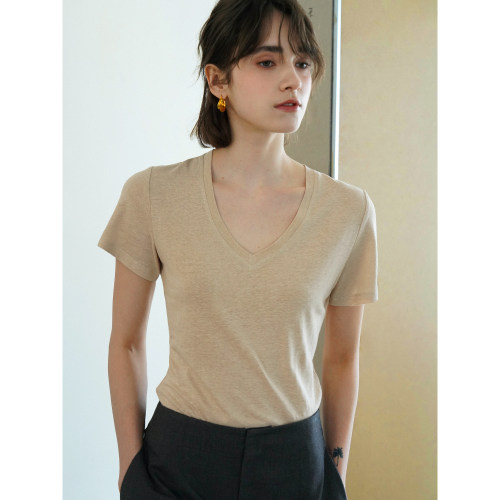 法式正肩V领微宽松短袖亚麻微透薄款T恤女夏新款露锁骨百搭上衣