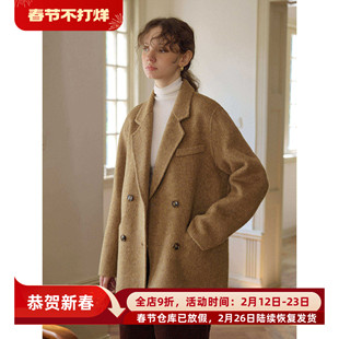 复古西装领宽松短款羊毛骆驼绒双面呢大衣女秋冬季毛呢外套小个子