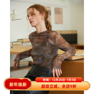 长袖 徐莫西 T恤女半高领修身 抽象印花网纱打底衫 叠穿内搭上衣 法式