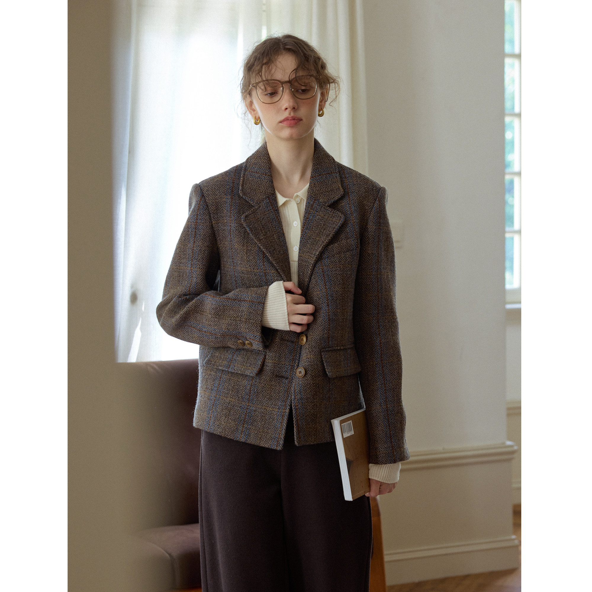 复古风格纹宽松短款羊毛毛呢西装外套女秋冬季新款呢子通勤小个子