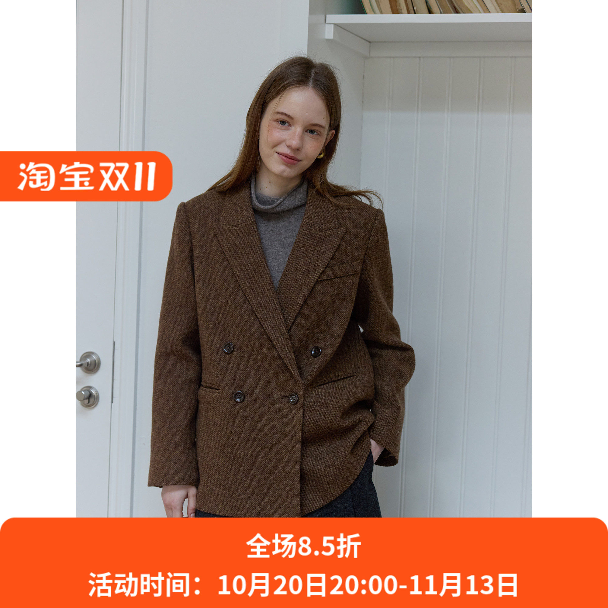 复古风全羊毛斜纹宽松西装毛呢外套女呢子秋冬季款通勤韩版小个子