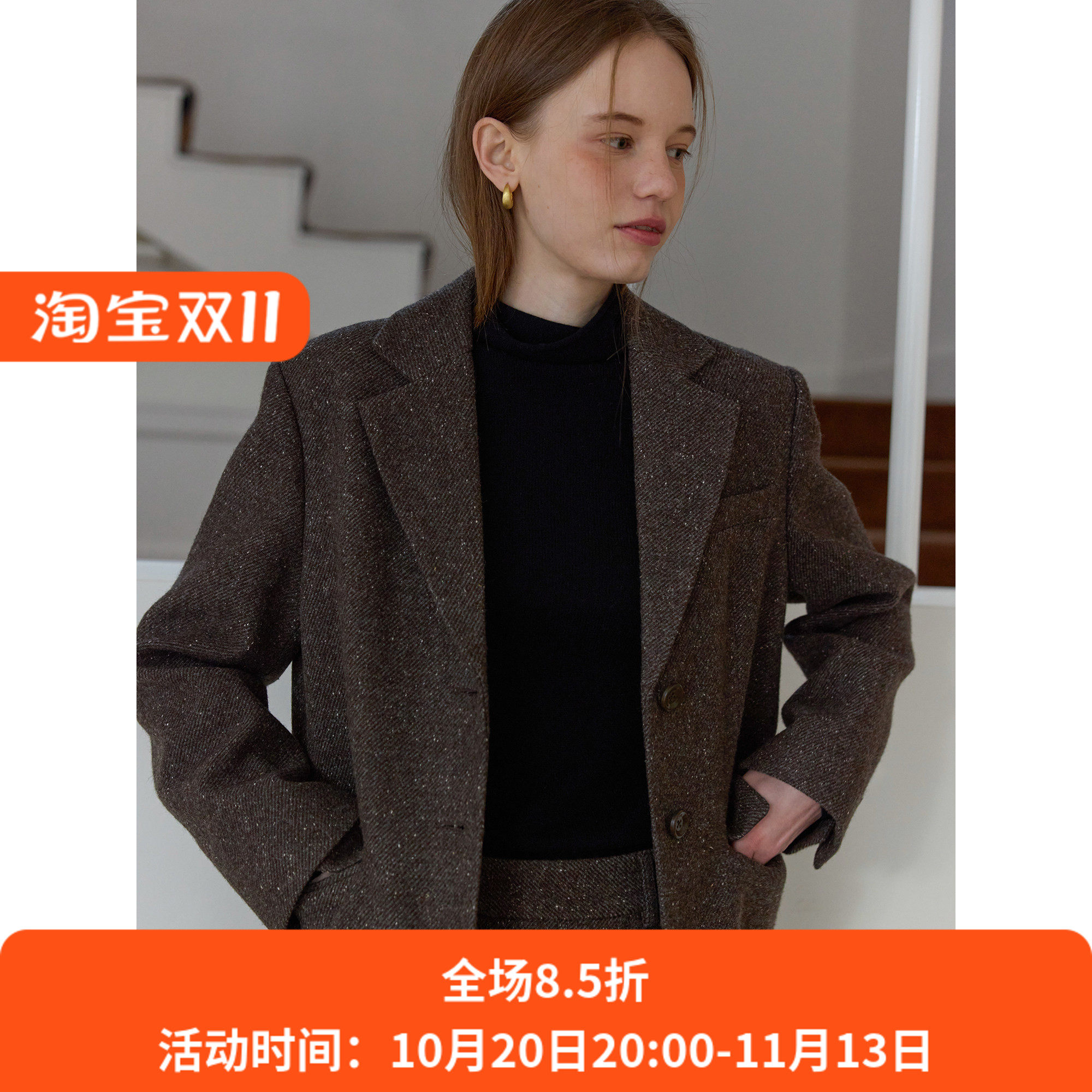 复古风棕色羊毛休闲宽松短款西装毛呢外套女秋冬新款呢子通勤韩版