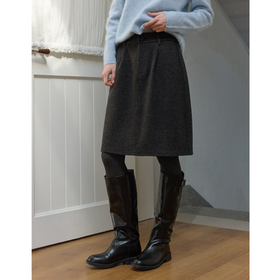 简约百搭黑灰色小个子纯色高腰直筒羊毛呢半身裙女秋冬款中裙半裙