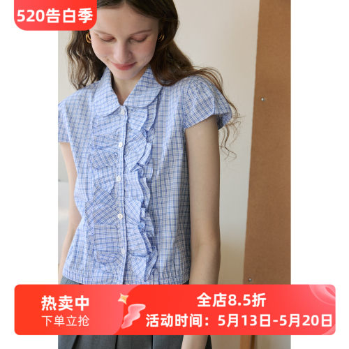 复古百搭miu系蓝色格纹衬衫