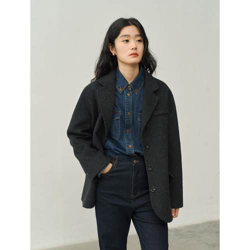 骆驼绒牦牛绒西装领宽松短款羊毛双面呢大衣女秋冬小个子毛呢外套