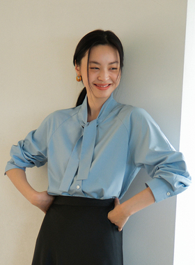 好打理蓝色系带简约不易皱长袖宽松衬衫女春夏款百搭休闲韩版衬衣