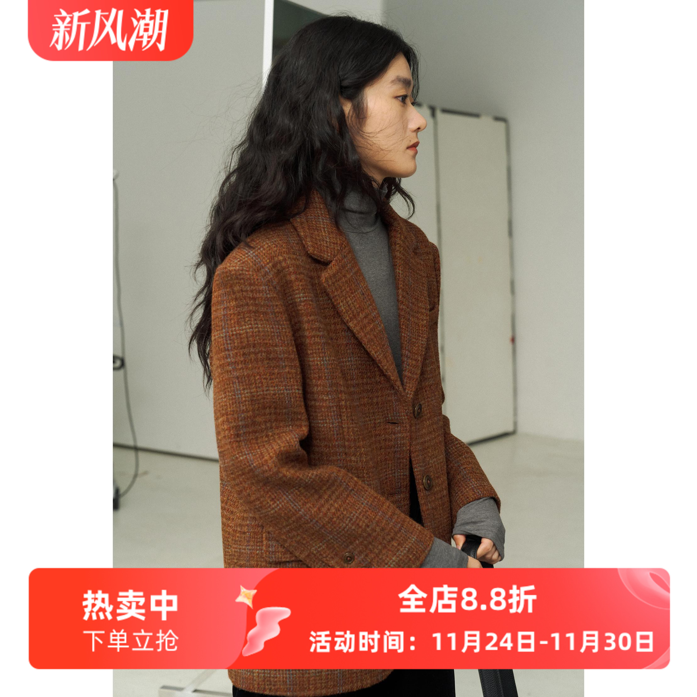 复古格纹休闲宽松羊毛粗花呢西装毛呢外套女呢子春季新款通勤韩版