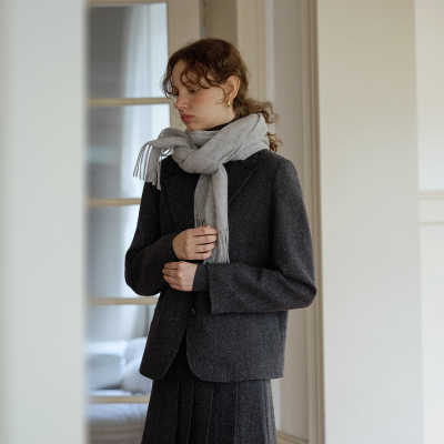 复古人字纹羊毛休闲宽松短款西装毛呢外套女秋冬新款呢子通勤韩版