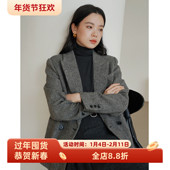 通勤韩版 复古风全羊毛人字纹休闲宽松西装 毛呢外套女呢子秋冬新款