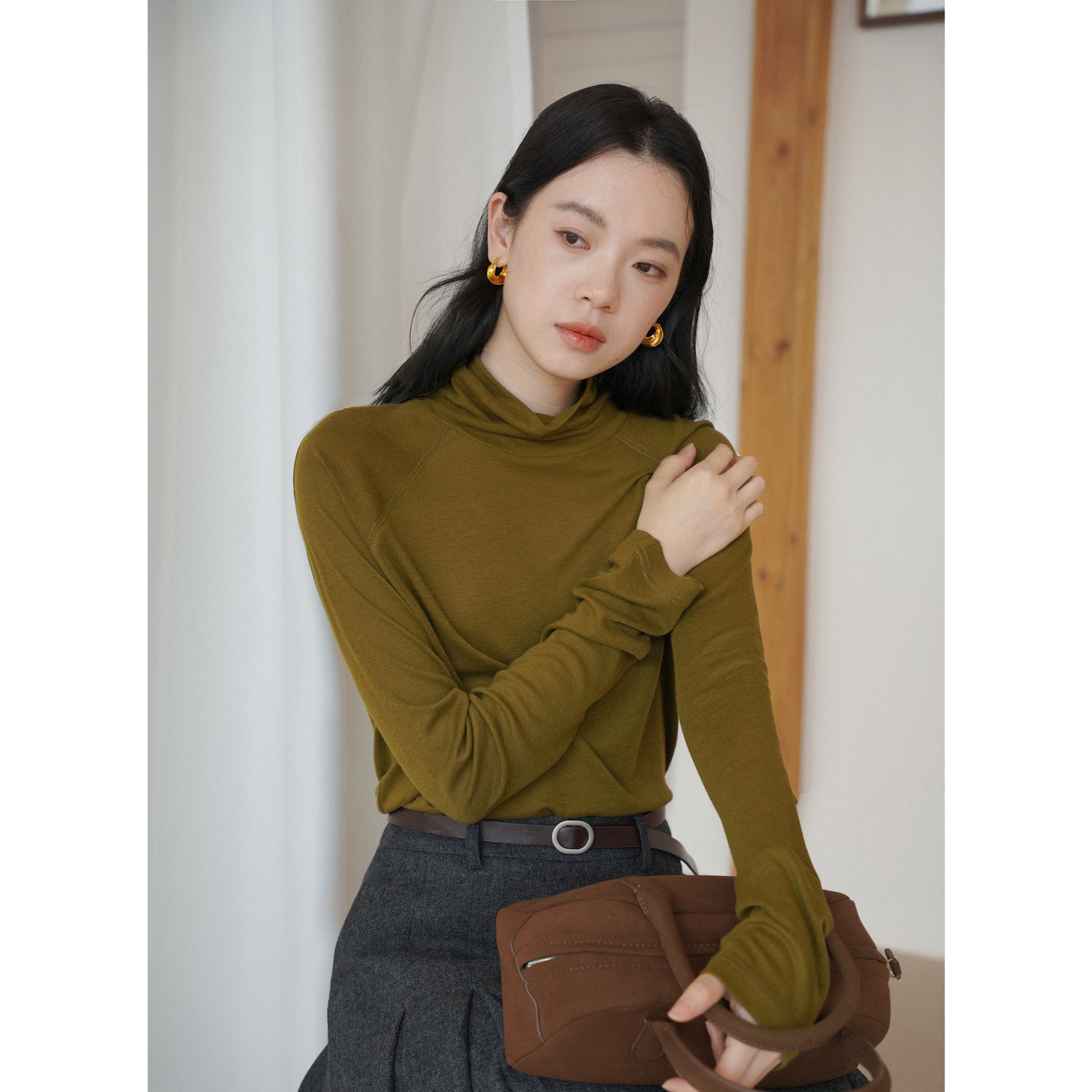 复古高领天丝羊毛亲肤柔软宽松显瘦长袖打底衫T恤女秋款内搭上衣