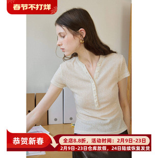 亨利领显瘦轻薄款透气苎麻针织衫正肩修身短袖T恤女夏款百搭上衣