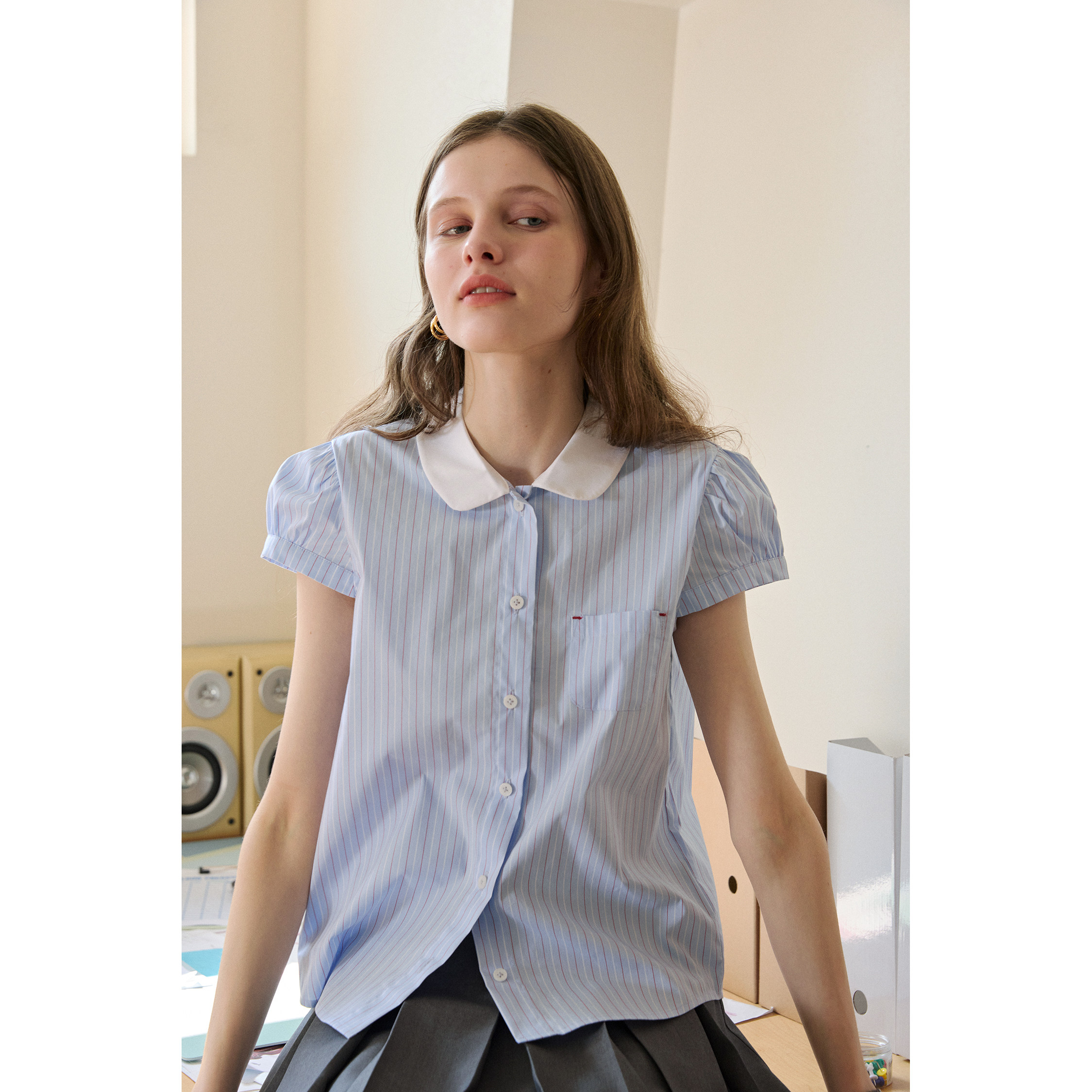 彼得潘娃娃领休闲百搭蓝色条纹翻领微宽松泡泡短袖衬衫女夏款上衣