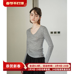 亲肤柔软天丝羊毛v领修身长袖打底衫T恤春夏款显瘦百搭露锁骨上衣