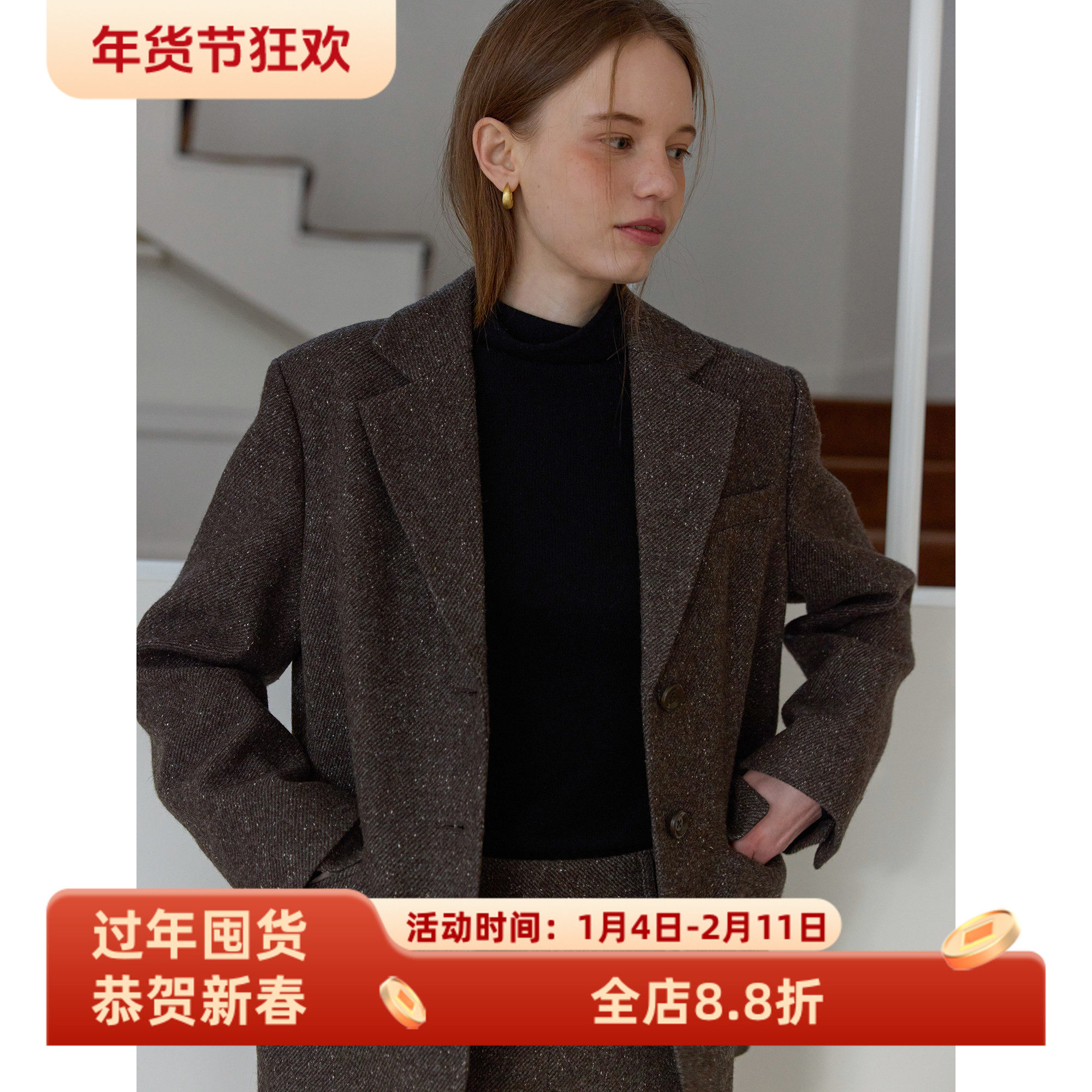 复古风棕色羊毛休闲宽松短款西装毛呢外套女秋冬新款呢子通勤韩版