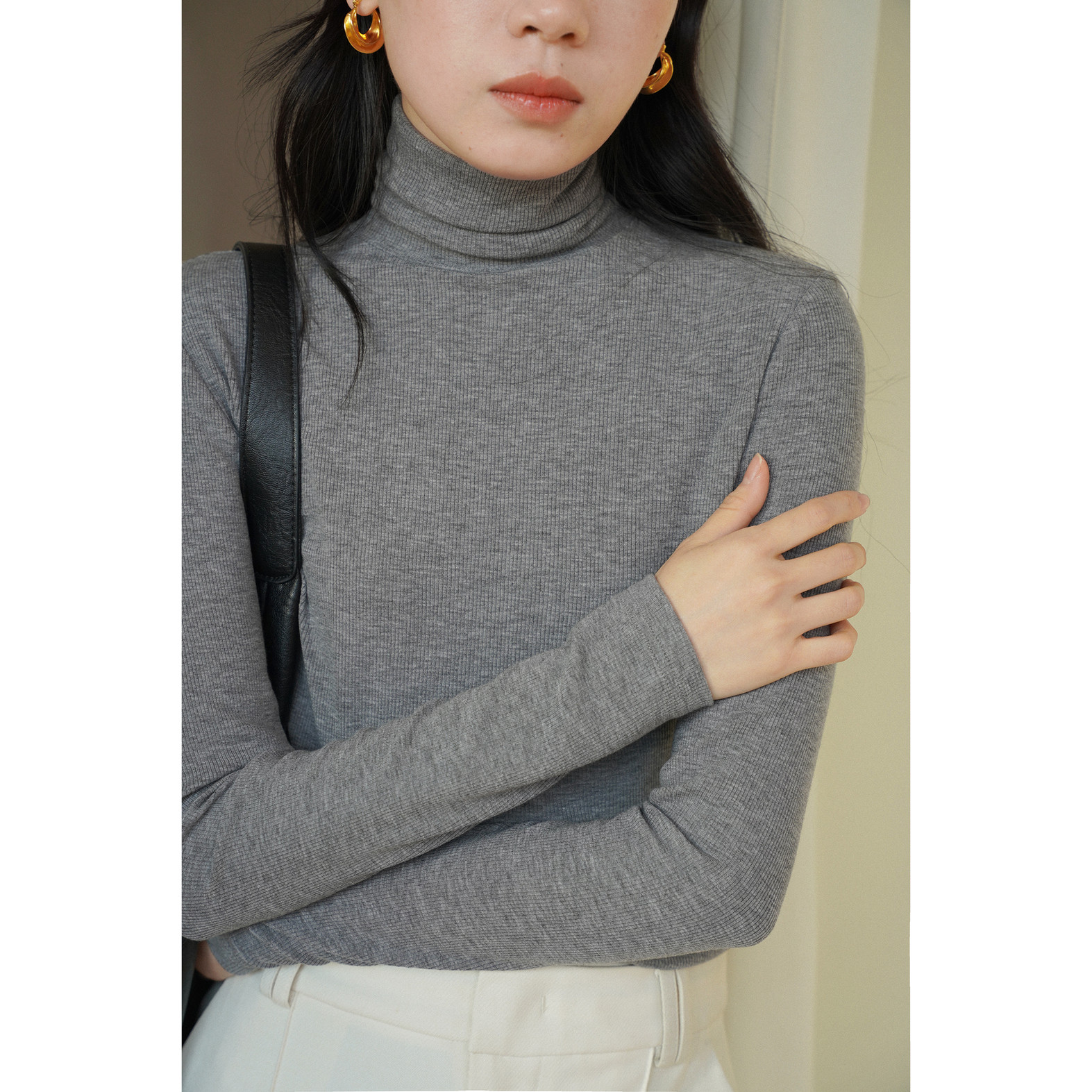 经典基本款羊毛堆堆高领长袖修身打底衫T恤女秋冬款内搭叠穿上衣