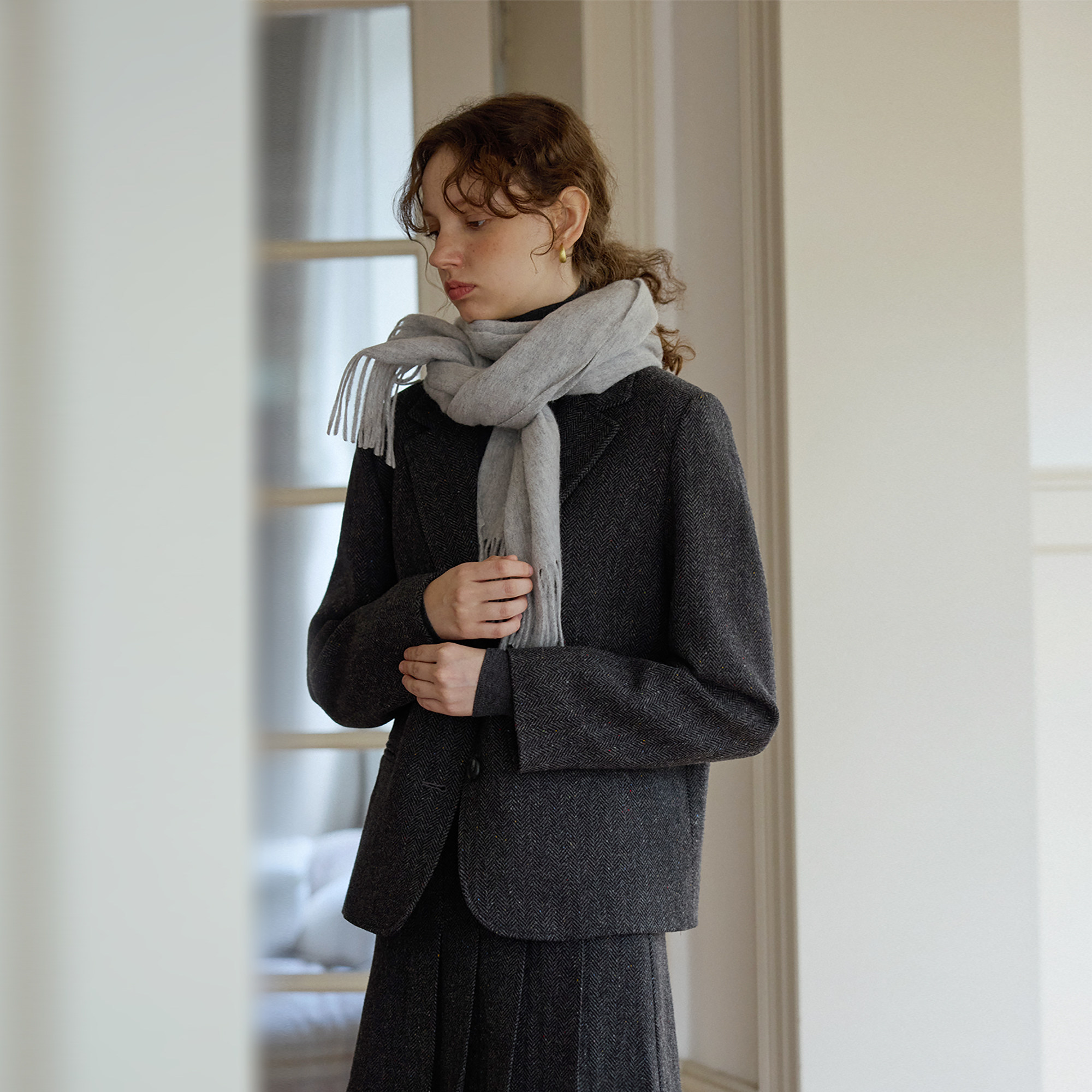 复古人字纹羊毛休闲宽松短款西装毛呢外套女秋冬新款呢子通勤韩版