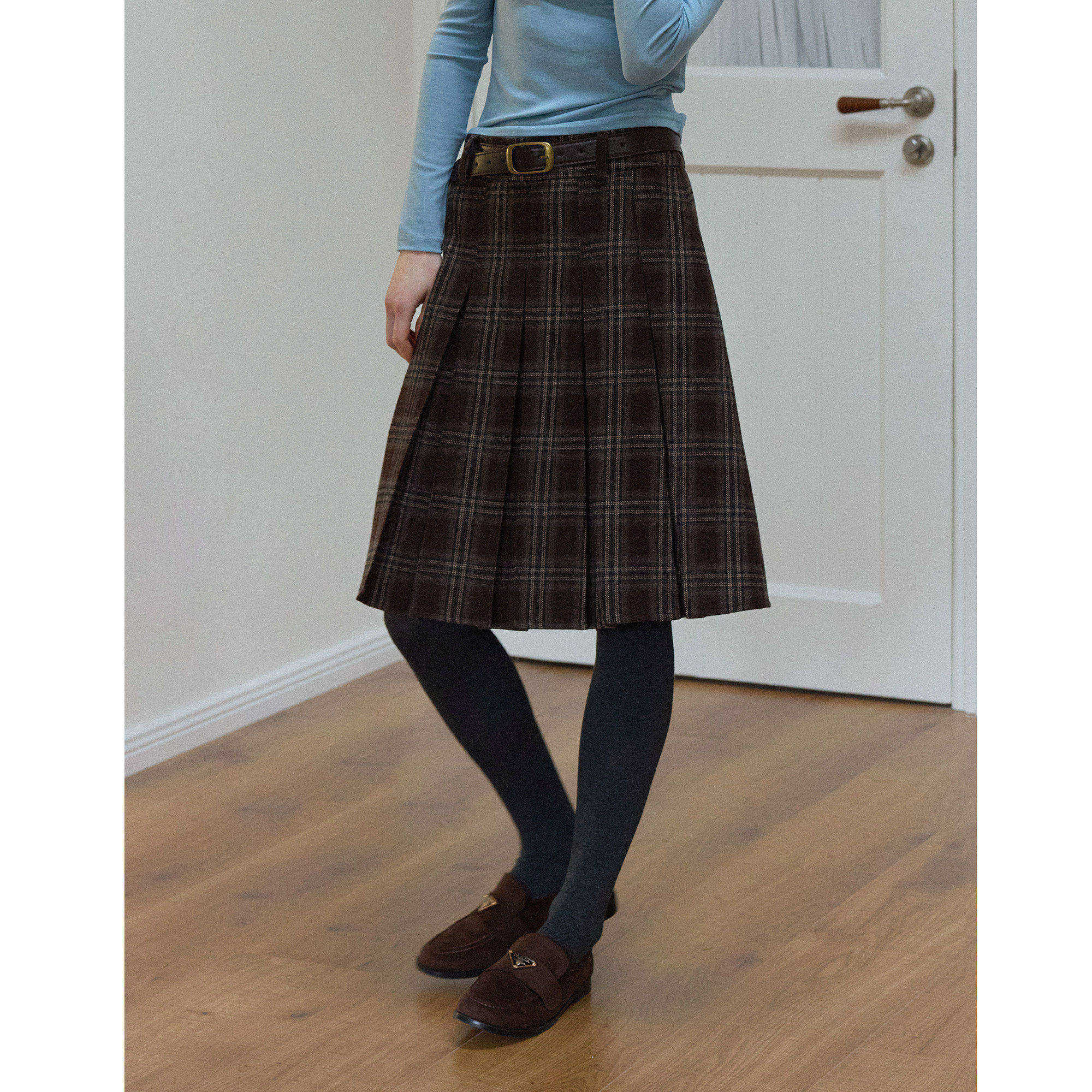 复古百搭格纹高腰羊毛混纺毛呢百褶裙女秋新款格子a字半身裙中裙