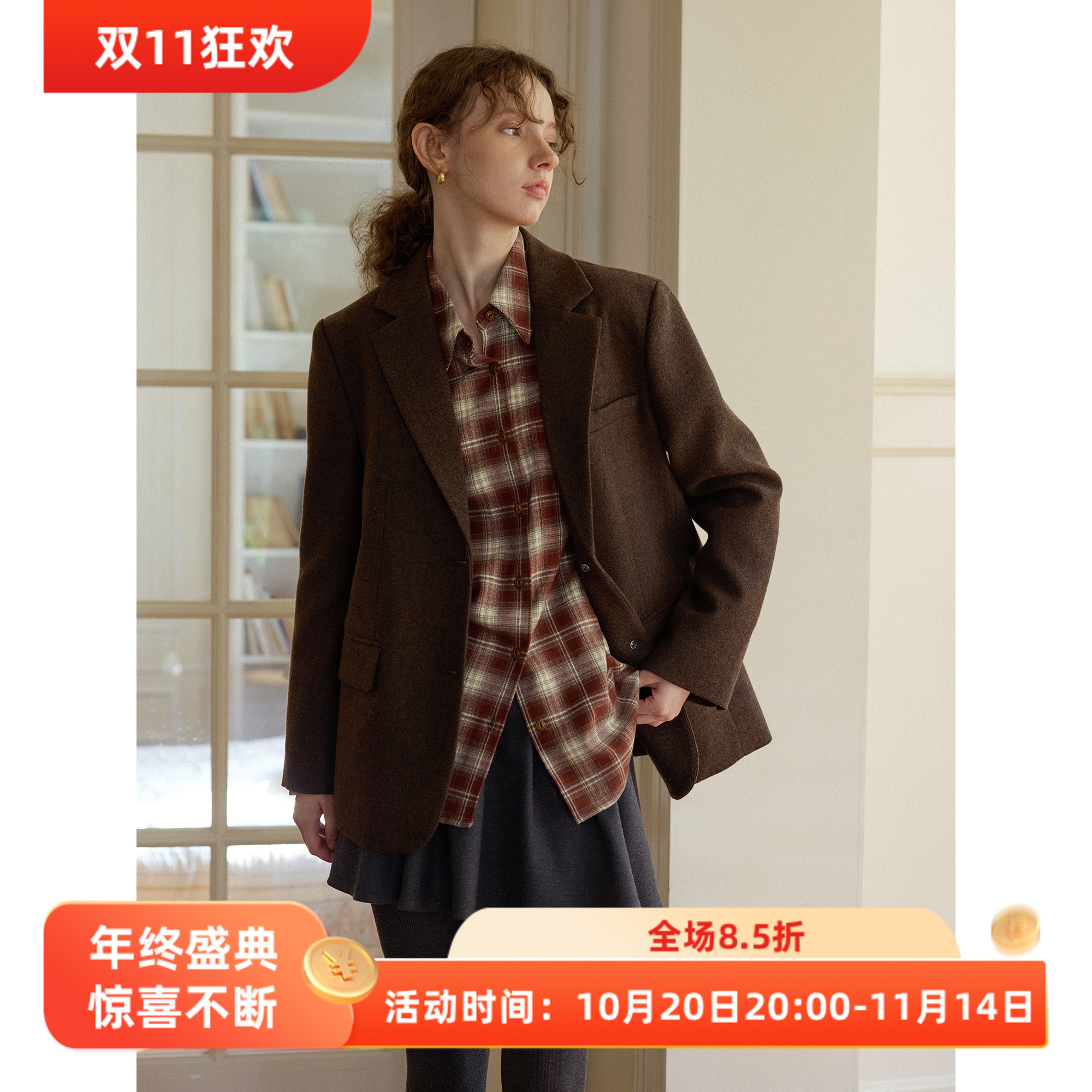 英伦复古风宽松短款羊毛混纺毛呢西装外套女呢子秋冬款通勤小个子