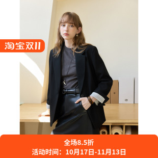 简约天丝醋酸黑色宽松小西装外套女秋季款韩版通勤职业西服小个子