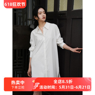 好打理经典款简约风不易皱白色叠穿中长款衬衫式连衣裙女春新款