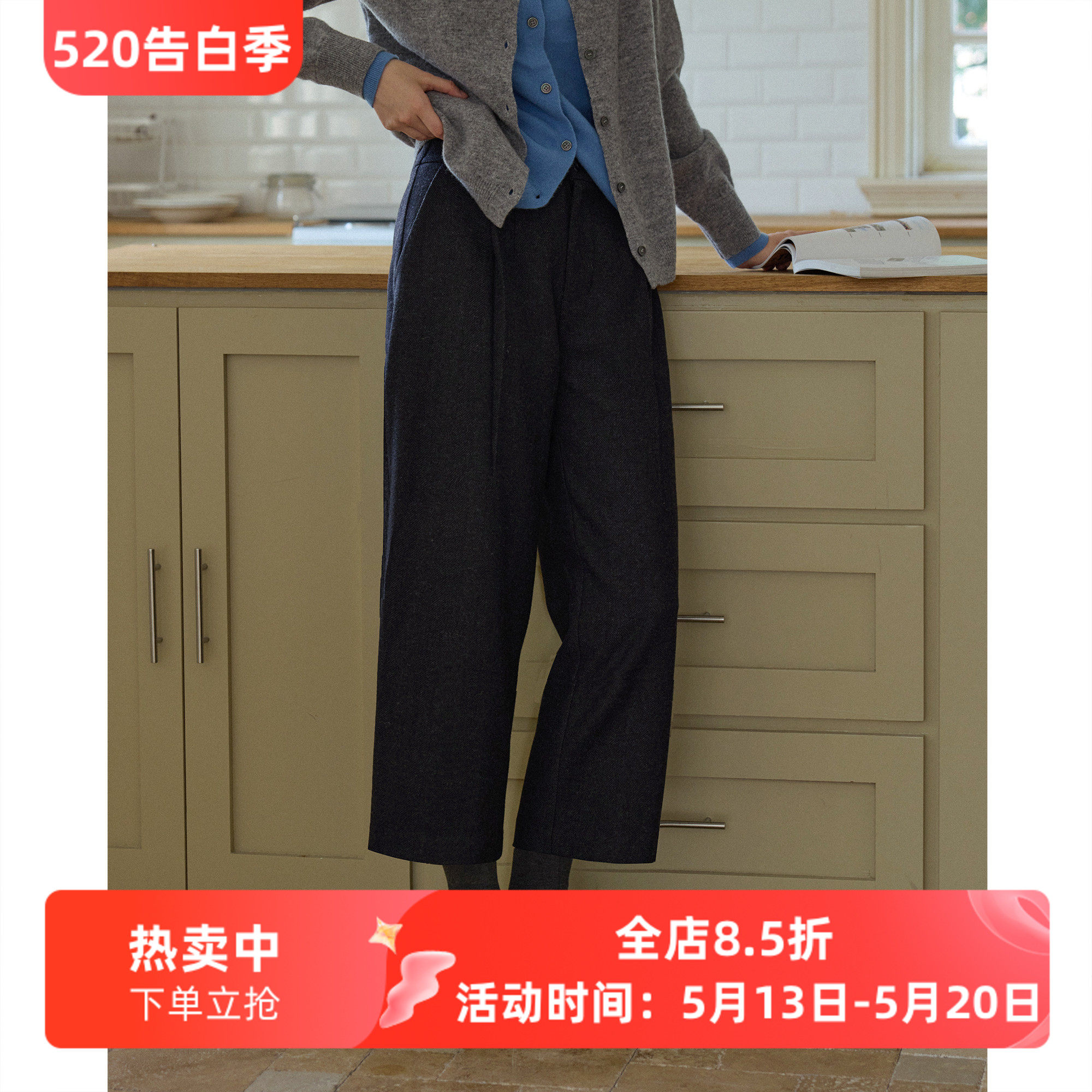 复古黑灰色人字纹羊毛毛呢高腰直筒裤九分裤女秋冬款休闲通勤西裤