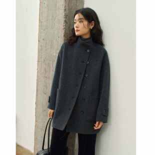 深黑灰色立领短款绵羊毛骆驼绒双面呢大衣女秋冬款小个子呢子外套