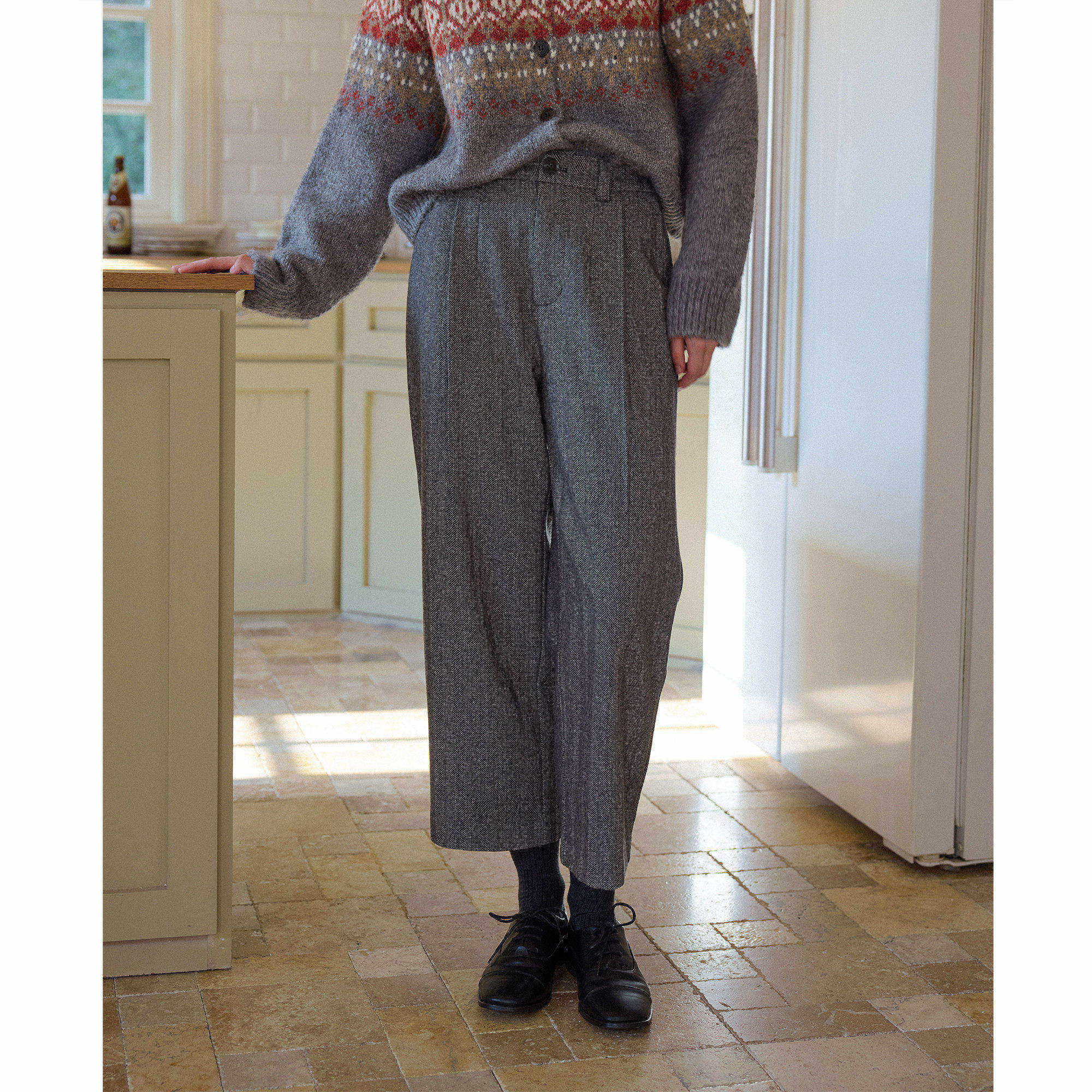 复古灰色人字纹羊毛毛呢高腰直筒裤九分裤女秋冬季款休闲通勤西裤