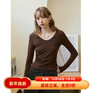 百搭内搭上衣 U领纯色T恤女秋冬新款 亲肤柔软抗菌收腰褶皱修身 长袖