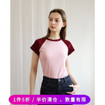 法式复古文艺范ins风撞色插肩短袖T恤女春夏新款修身拼接圆领上衣