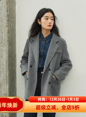 复古灰色西装领宽松短款羊毛双面呢大衣女秋冬毛呢外套小个子通勤