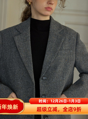 复古风灰色羊毛休闲宽松短款西装毛呢外套女秋冬新款呢子通勤韩版