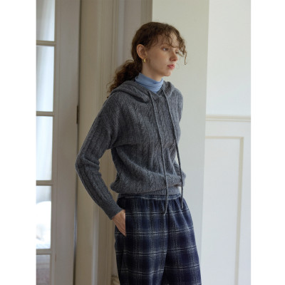 灰色百搭软糯亲肤重磅羊毛加厚麻花连帽针织衫女秋冬宽松毛衣上衣