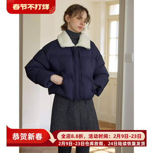 藏青色白鸭绒韩系小个子翻毛领短款羽绒服秋冬保暖休闲女慵懒外套