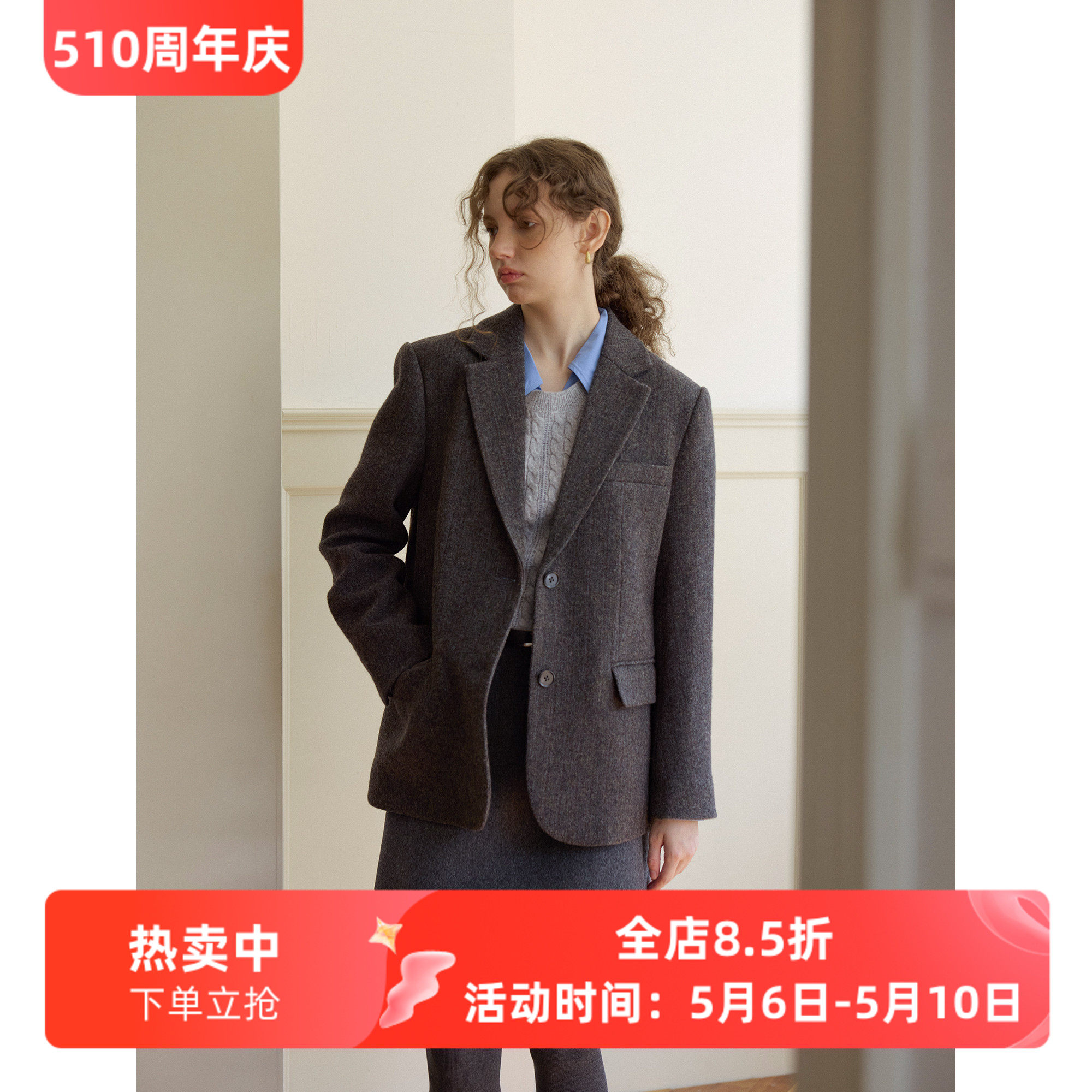 复古全羊毛休闲宽松短款西装毛呢外套女秋冬款呢子通勤韩版小个子